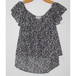 Universal Thread Women's Ruffle Short Sleeve Blouse Black White Floral Size Med
